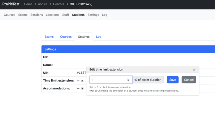 A screenshot of the the page for adding accommodations for students with the Edit time limit extension box open.