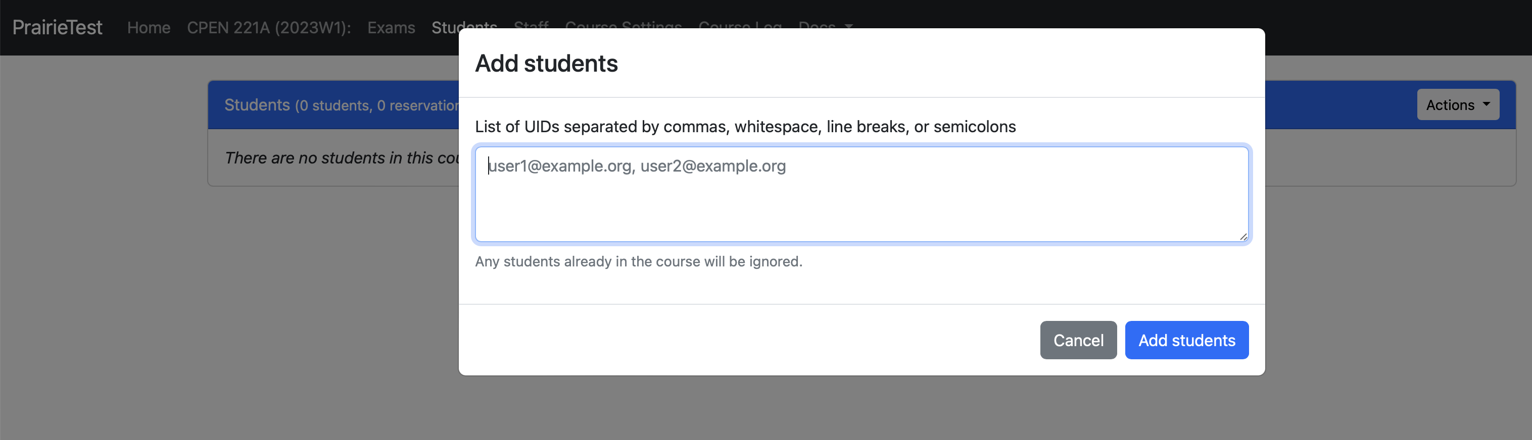 A screenshot of the add students popup in PrairieTest.