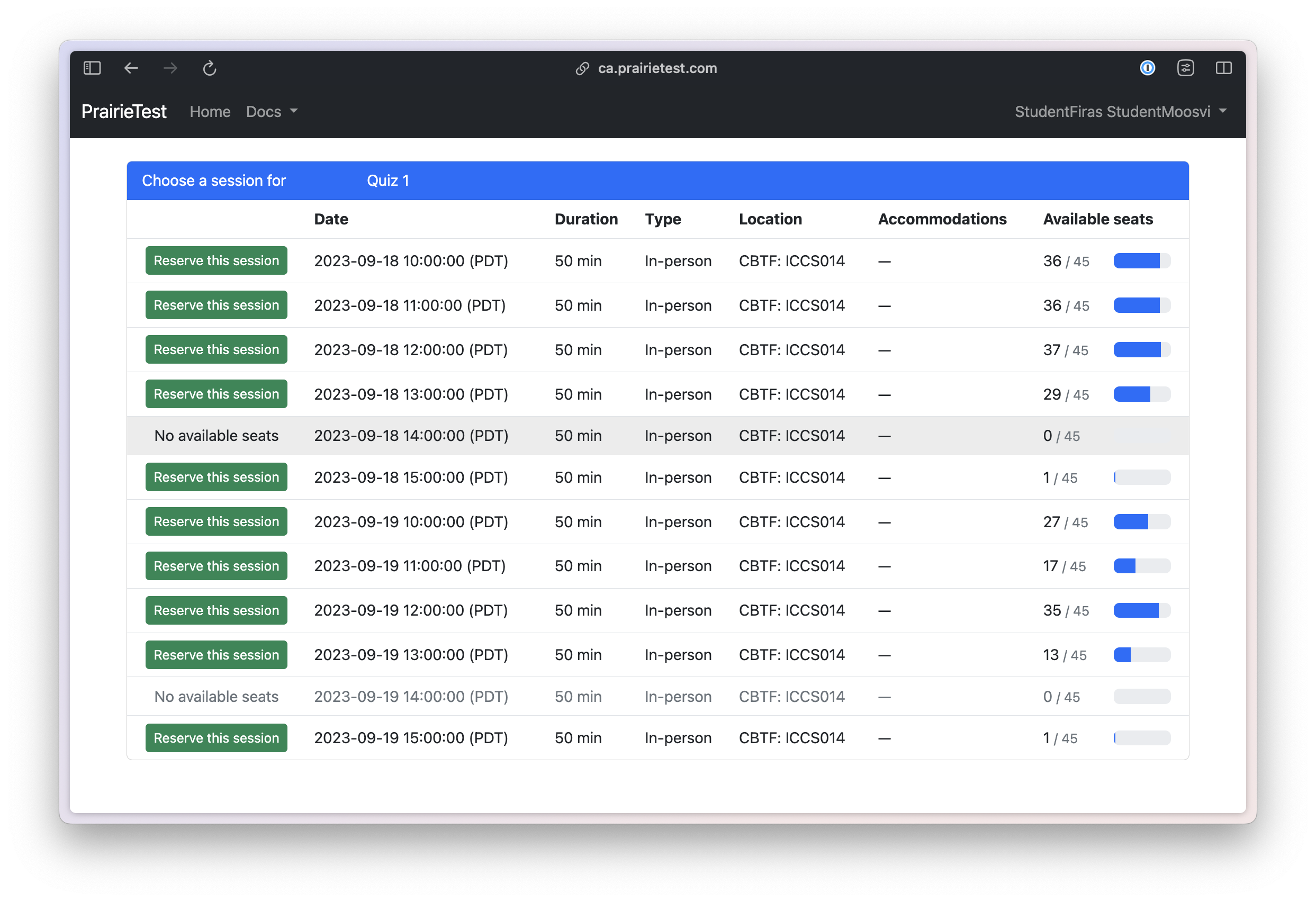 Screenshot of the reservation system for a sample quiz, showing some available sessions, and some unavailable.