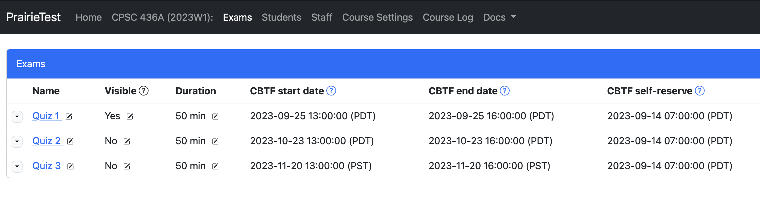 Screenshot of the an exam list, showing one quiz that is visible and two that are not.