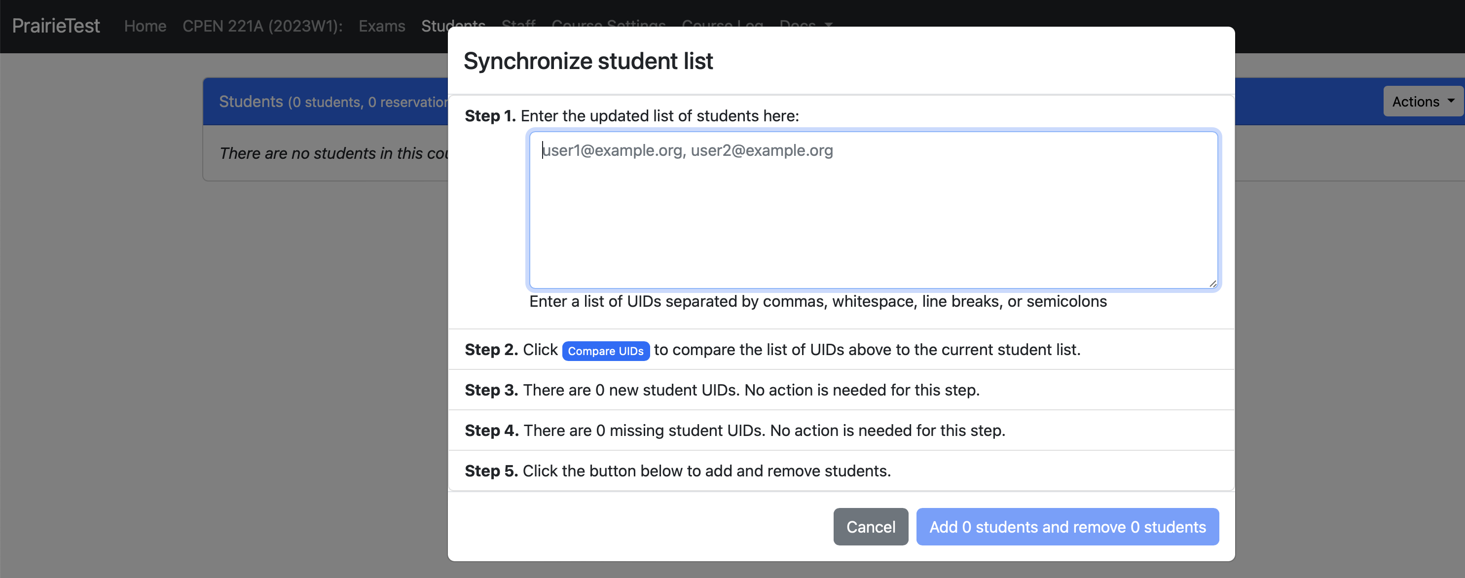 A screenshot of the synchronize student list popup in PrairieTest.